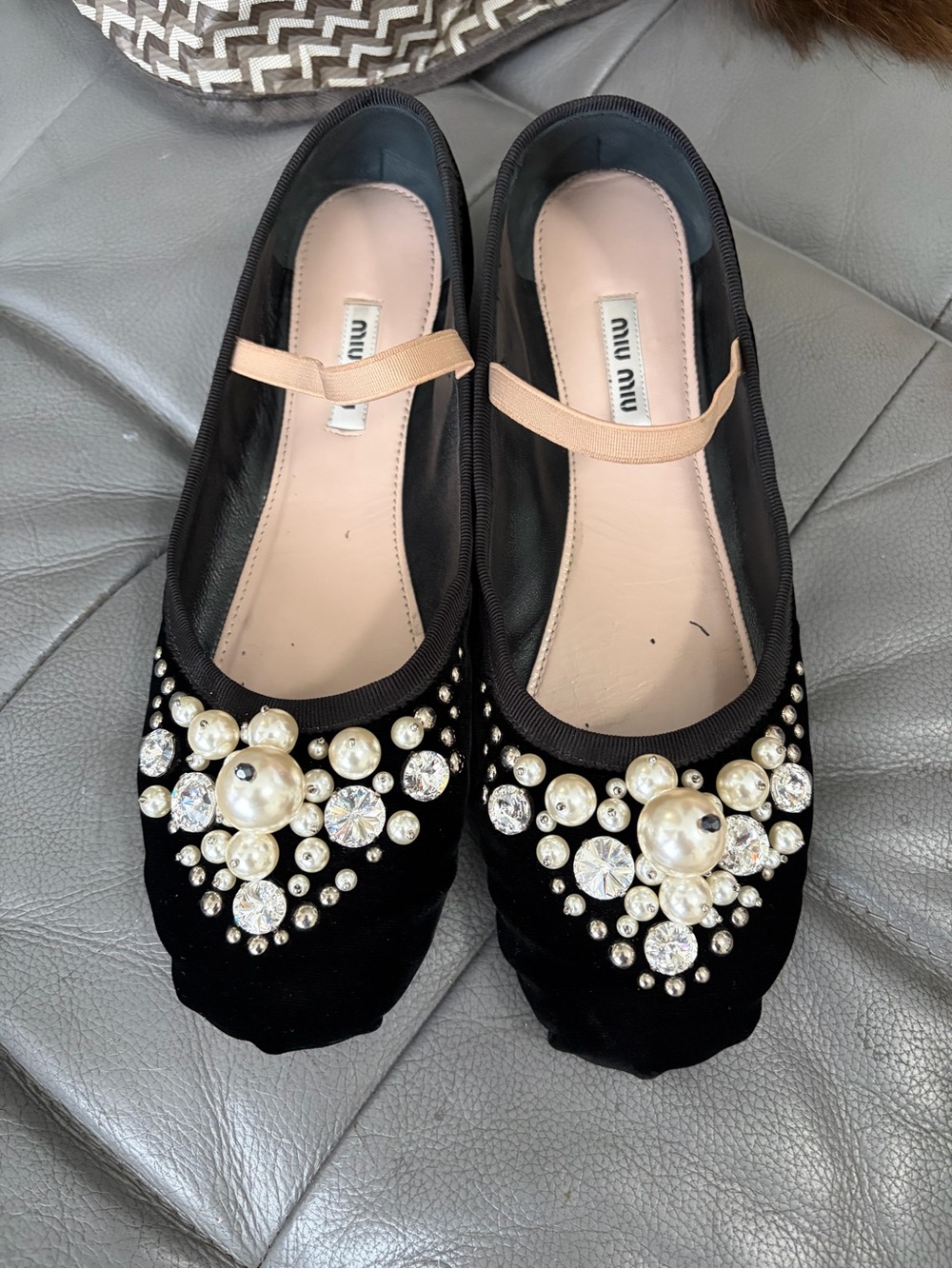 Miu Miu Black Velvet Pearl & Crystal Embellished Ballet Flats with Pink Strap